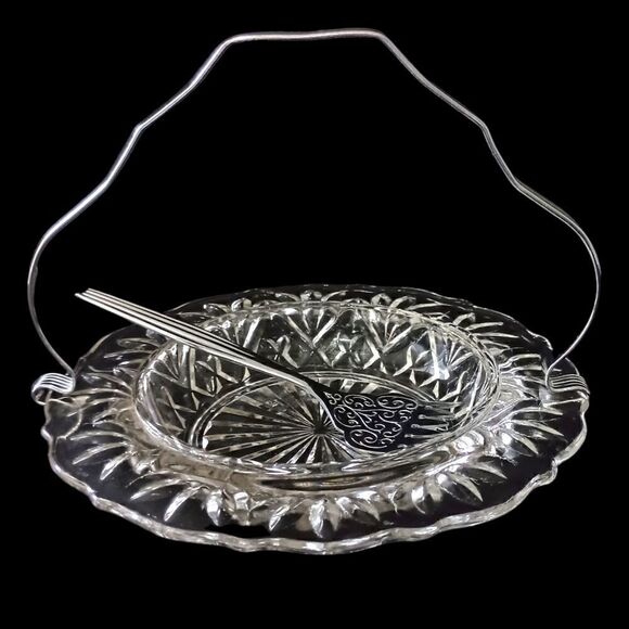 Sheffield Glass Server Plate Set Chrome Fork Holder Vintage Seafood Appetizers. - Picture 5 of 16